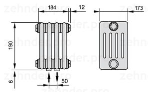 Схема (чертеж) Радиатор Zehnder Charleston 5019/4 №3470 Белый глянцевый RAL 9016